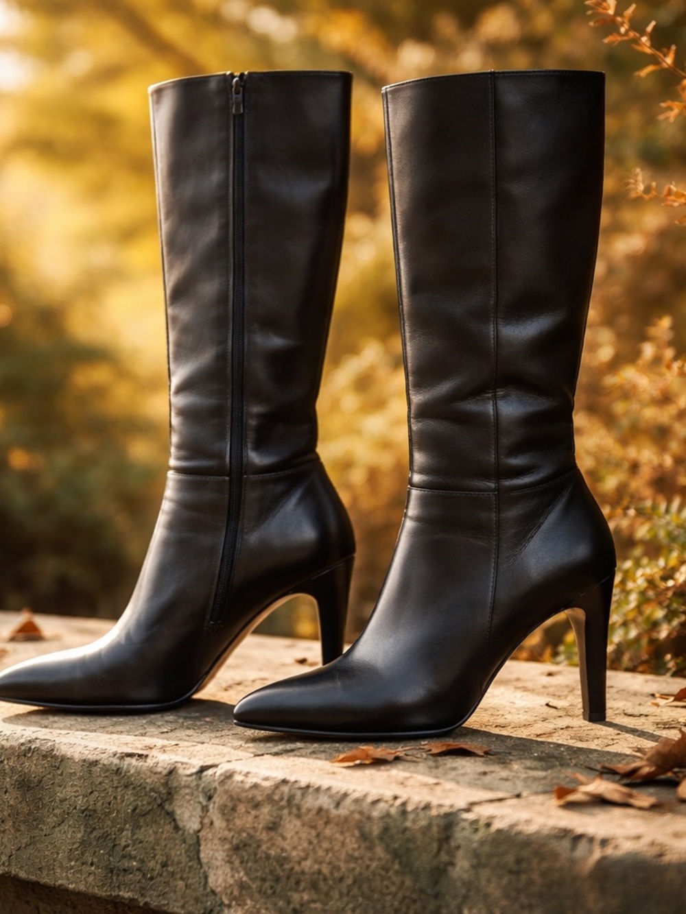 Via Spiga Black Leather Knee-High Pointed-Toe Heeled Boots